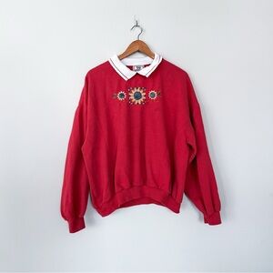 Vintage 90s Grandma Sunflower Top Stitch Collared Crewneck Sweatshirt Red